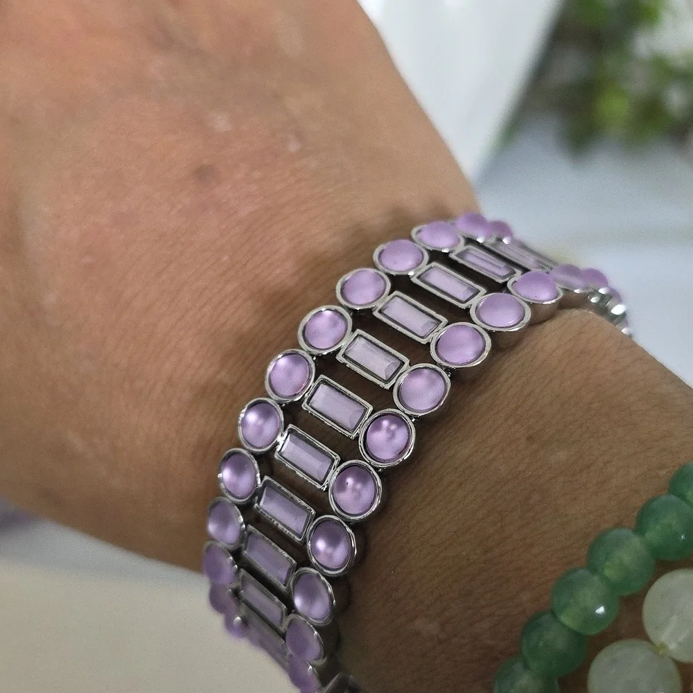 Silver and Purple Flexible Choker Necklace with Matching Open Cuff Bracelet